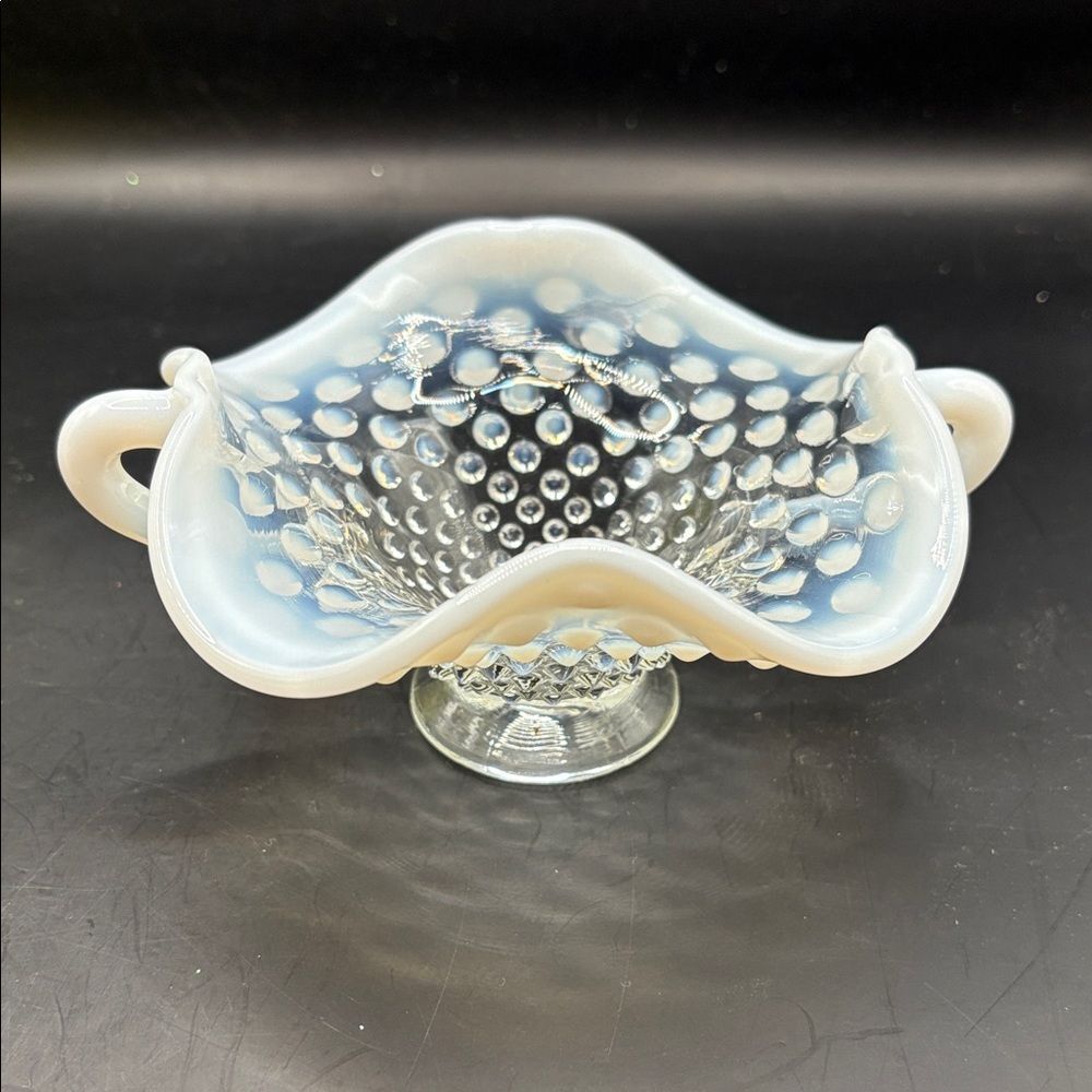 Vintage FENTON Moonstone Opalescent RUFFLED  HOBNAIL Glass Bowl 5"